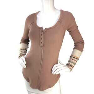 Free People Womens Size S Thermal Top Newbie Ski Lodge Knit Cuff Brown